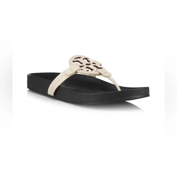 Tory Burch Authentic Leather Miller Cloud Leather Thong Slides Navy/Cream Size8M